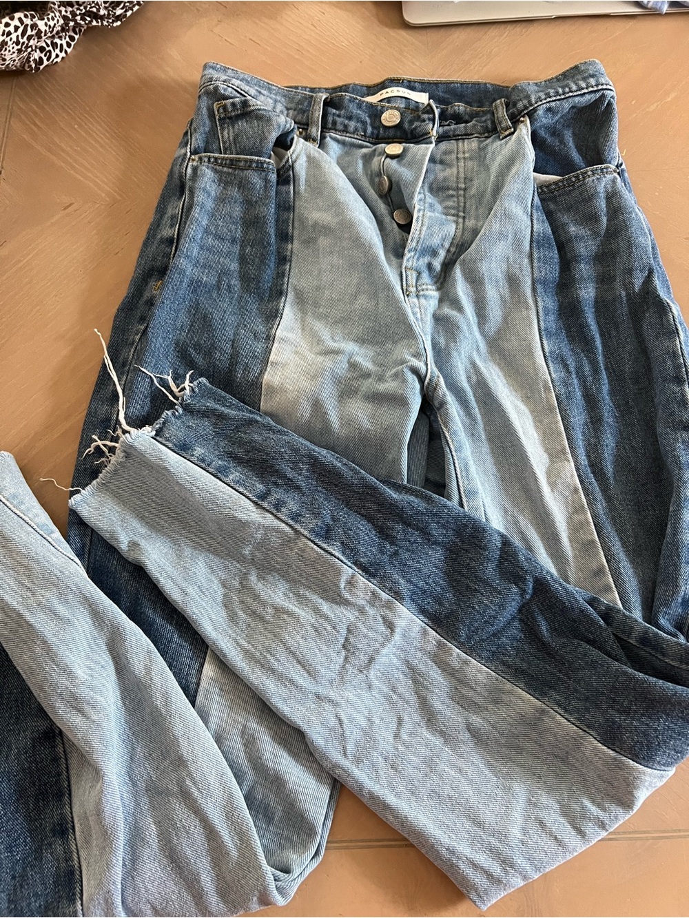 PacSun Two-Tone Patchwork Straight Leg Jeans in Light and Dark Blue